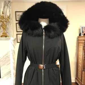 Prada Hooded Genuine Fox Fur Trimmed Jacket w Belt